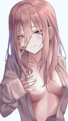 Rule 34 | 1girl, absurdres, blush, breast hold, breasts, breasts apart, brown hair, brown jacket, cleavage, closed mouth, collarbone, commentary, eyelashes, eyes visible through hair, go-toubun no hanayome, hair over breasts, hair over one eye, head tilt, highres, jacket, large breasts, long hair, looking at viewer, moda (mo da 3), nakano miku, no bra, open clothes, open jacket, simple background, sleeves past wrists, smile, solo, straight hair, upper body, white background