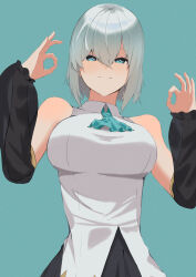 Rule 34 | 1girl, absurdres, ars almal, bare shoulders, blue background, blue eyes, breasts, detached collar, grey hair, highres, large breasts, looking at viewer, nijisanji, ok sign, short hair, simple background, smile, solo, virtual youtuber, zhouqinguaishou