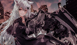 Rule 34 | 1girl, animal ear fluff, animal ears, arknights, black cloak, black gloves, cloak, cloud, commentary, eyebrows hidden by hair, gloves, grey eyes, grey hair, grey sky, hair between eyes, hair ornament, hairclip, highres, jewelry, lappland (arknights), long hair, looking at viewer, necklace, outdoors, parted lips, ruins, runamonet, scar, scar across eye, sharp teeth, shirt, skull necklace, sky, smile, solo, teeth, torn clothes, tower, white shirt, wolf, wolf ears, wolf girl