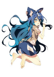 Rule 34 | 1girl, absurdres, barefoot, blue eyes, blue hair, blue skirt, blush, bow, brown hoodie, commentary request, feet, from behind, full body, hair between eyes, hair bow, highres, hood, hood down, hoodie, jumping, legs, long hair, looking at viewer, looking back, medium bangs, open mouth, seika okawari, short sleeves, simple background, skirt, soles, solo, toes, touhou, very long hair, white background, yorigami shion