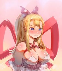 Rule 34 | 1girl, bare shoulders, blush, bow, bow (bhp), breasts, cleavage, closed mouth, hair bow, highres, large breasts, large ribbon, nose blush, original, polka dot, polka dot bow, purple eyes, red ribbon, ribbon, solo, upper body