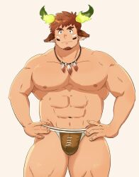 Rule 34 | 1boy, abs, animal ears, bara, brown eyes, brown hair, bulge, cow boy, cow ears, cow horns, facial hair, feather necklace, feet out of frame, fiery horns, forked eyebrows, glowing horns, goatee, hands on own hips, highres, horns, jewelry, kosuke (ksk11ksk11), large pectorals, looking at viewer, male focus, muscular, muscular male, navel, necklace, nipples, pectorals, rugby underwear, short hair, sideburns, solo, spiked hair, standing, stomach, thick eyebrows, thick thighs, thighs, tokyo houkago summoners, topless male, wakan tanka