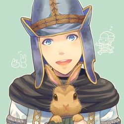 Rule 34 | androgynous, animal, blue eyes, blush, dragon&#039;s dogma, dragon&#039;s dogma (series), earflap hat, gender request, hat, head tilt, holding, holding animal, lowres, open mouth, pawn (dragon&#039;s dogma), rabbit, ritsu (0015-xxxlxxxr), scarf, smile, solo