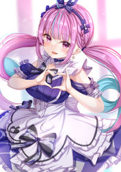 Rule 34 | 1girl, apron, blue dress, blue hair, blue hairband, blush, breasts, colored inner hair, dress, drill hair, earrings, frilled apron, frills, hairband, hands up, heart, heart earrings, heart hands, highres, hololive, jewelry, large breasts, long hair, looking at viewer, minato aqua, minato aqua (aqua iro in wonder land), multicolored hair, open mouth, pink eyes, pink hair, short sleeves, smile, solo, twin drills, twintails, very long hair, virtual youtuber, white apron, yuano