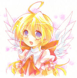 Rule 34 | 1girl, ahoge, angel wings, blonde hair, blue eyes, blush, bow, gradient eyes, green eyes, large bow, long hair, looking at viewer, marker, multicolored eyes, open mouth, original, solo, tachitsu teto, upper body, wings