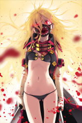 Rule 34 | 1girl, bare legs, bikini, black bikini, blonde hair, blood, cape, cleaver, elbow gloves, flat chest, gloves, glowing, glowing eyes, gs 6th star, holding, len (a-7), long hair, lowres, mask, navel, open mouth, red eyes, solo, standing, swimsuit, sword girls, uvula