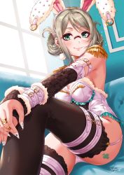 Rule 34 | 1girl, animal ears, ass tattoo, bare shoulders, black thighhighs, blonde hair, blush, breasts, cleavage, closed mouth, club (shape), detached sleeves, earrings, epaulettes, fake animal ears, garter straps, glasses, green eyes, highres, jewelry, kantai collection, katori (kancolle), leotard, long hair, looking at viewer, medium breasts, playboy bunny, rabbit ears, rabbit girl, ring, sakiyamama, smile, solo, swept bangs, thighhighs, thighs, white leotard