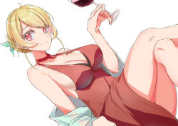 Rule 34 | 1girl, absurdres, ahoge, blonde hair, blush, breasts, cleavage, closed mouth, crossed legs, cup, dress, drinking glass, dutch angle, e sky rugo, hair bun, highres, holding, holding cup, large breasts, looking at viewer, original, red dress, red eyes, simple background, single hair bun, sitting, smile, solo, white background, wine glass