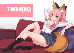 Rule 34 | 1girl, animal ear fluff, animal ears, arm behind head, arm up, ass, bad id, bad pixiv id, barefoot, black bow, black socks, blue skirt, bow, bowtie, bra, bra peek, breasts, character name, cleavage, collarbone, collared shirt, copyright name, couch, dress shirt, fate/extra, fate (series), fox ears, fox girl, fox tail, hair between eyes, hair bow, highres, large breasts, long hair, miniskirt, narynn, official alternate costume, on couch, panties, pillow, pink hair, pleated skirt, ponytail, reclining, red bow, red bowtie, shirt, shirt tucked in, skirt, smile, socks, solo, striped bow, striped bowtie, striped clothes, striped neckwear, tail, tamamo (fate), tamamo no mae (fate/extra), thighs, underwear, unworn legwear, white background, white panties, white shirt, yellow eyes