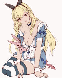 Rule 34 | 1girl, alice (alice in wonderland), alice (alice in wonderland) (cosplay), alice in wonderland, apron, arm support, bad id, bad pixiv id, bare shoulders, breasts, choker, collarbone, cosplay, green eyes, large breasts, looking at viewer, q azieru, simple background, sitting, sketch, solo, stuffed toy, thighhighs, white background, wrist cuffs