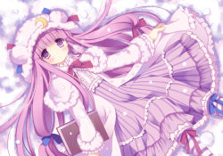 Rule 34 | 1girl, adapted costume, bad id, bad pixiv id, book, bow, capelet, coat, crescent, dress, female focus, hair ribbon, hat, long hair, long sleeves, lying, mizuse kiseki, on back, open clothes, open coat, patchouli knowledge, purple dress, purple eyes, purple hair, ribbon, snow, solo, striped clothes, striped dress, touhou, tress ribbon, very long hair, winter clothes