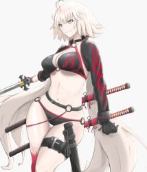 Rule 34 | 1girl, ahoge, bikini, black bikini, black choker, black gloves, black jacket, breasts, choker, cleavage, collarbone, commentary request, cropped jacket, dance-in-the-dark, fate/grand order, fate (series), gloves, hair between eyes, highres, holding, holding sword, holding weapon, jacket, jeanne d&#039;arc alter (swimsuit berserker) (fate), jeanne d&#039;arc (fate), jeanne d&#039;arc alter (fate), jeanne d&#039;arc alter (swimsuit berserker) (fate), katana, large breasts, long hair, o-ring, o-ring bikini, o-ring bottom, o-ring top, red thighhighs, shrug (clothing), simple background, single thighhigh, solo, swimsuit, sword, thigh strap, thighhighs, weapon, yellow eyes
