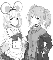 Rule 34 | 2girls, animal ears, bow, bowtie, brooch, buttons, chloe (princess connect!), choker, closed mouth, coat, collared shirt, crossover, double-breasted, gomu (chewinggom), granblue fantasy, greyscale, hair bow, hairband, hand in pocket, heart, heart brooch, highres, hood, hooded coat, jewelry, looking at viewer, medium hair, midriff, monochrome, mouse ears, multiple girls, navel, parted lips, plaid, plaid skirt, pleated skirt, pointy ears, princess connect!, shirt, simple background, skirt, twintails, untucked shirt, vikala (granblue fantasy), white background, wing collar, wristband