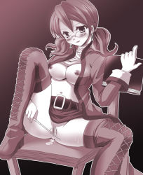 Rule 34 | 1girl, breasts, censored, clothes lift, female focus, glasses, gradient background, maki (seventh heaven maxion), monochrome, mosaic censoring, navel, nipples, pussy, shirt lift, skirt, solo, spread legs, thighhighs