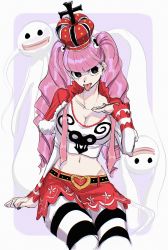 Rule 34 | 1girl, absurdres, artist request, black eyes, breasts, cleavage, crown, devil fruit, drill hair, eyes visible through hair, ghost, highres, horo horo no mi, invisible chair, large breasts, long hair, looking to the side, navel, one piece, open clothes, perona, pink hair, simple background, sitting, skirt, smile, thighhighs, thighs, tongue, tongue out, twintails, very long hair, wide hips