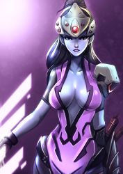 Rule 34 | 1girl, bodysuit, breasts, center opening, colored skin, head-mounted display, highres, imadeteguh, large breasts, long hair, overwatch, overwatch 1, ponytail, purple skin, solo, widowmaker (overwatch), yellow eyes