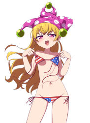 Rule 34 | 1girl, :d, american flag bikini, american flag print, bikini, blush, bra, clownpiece, commentary, contrapposto, cowboy shot, flag print, flat chest, half-closed eyes, hat, highres, holding, holding bra, holding clothes, holding underwear, jester cap, long hair, looking at viewer, micro bikini, navel, open mouth, petite, pink eyes, print bikini, sabfish1229, simple background, smile, solo, swimsuit, thigh gap, touhou, underwear, unworn bikini top, unworn bra, very long hair, white background