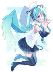 Rule 34 | 1girl, absurdres, belt, blue eyes, blue hair, blush, boots, collared shirt, detached sleeves, floating hair, hair ornament, hair wings, halo, hands up, hatsune miku, hatsune miku (vocaloid3), headphones, heart, heart hair ornament, heart in eye, high heel boots, high heels, highres, lace sleeves, long hair, long sleeves, looking at viewer, multicolored halo, musical note, nail polish, necktie, open mouth, own hands together, paya (alunair), pleated skirt, rainbow halo, shirt, skirt, sky, sleeveless, sleeveless shirt, smile, solo, sparkle, steepled fingers, symbol in eye, thigh boots, tie clip, twintails, very long hair, vocaloid, wings