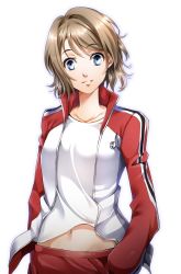 Rule 34 | 1girl, blue eyes, brown hair, collarbone, hair between eyes, highres, jacket, long sleeves, looking at viewer, love live!, love live! sunshine!!, midriff, nakano maru, navel, open clothes, open jacket, pants, parted lips, red pants, red sleeves, shirt, short hair, simple background, smile, solo, standing, stomach, track jacket, upper body, watanabe you, white background, white jacket, white shirt