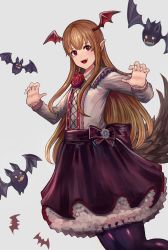 Rule 34 | 1girl, absurdres, akainoda, bat (animal), black bow, black pantyhose, black skirt, blonde hair, bow, fangs, flower, grey background, head wings, highres, huge filesize, long hair, looking at viewer, md5 mismatch, open mouth, pantyhose, pointy ears, red eyes, red flower, resolution mismatch, shadowverse, shingeki no bahamut, skirt, smile, solo, source smaller, standing, vampy, very long hair, wings