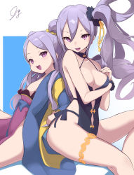 Rule 34 | 2girls, absurdres, bare legs, black one-piece swimsuit, breasts, china dress, chinese clothes, dress, fang, fate/grand order, fate (series), hair ornament, hair scrunchie, highres, medium breasts, multiple girls, one-piece swimsuit, open mouth, purple eyes, purple hair, scrunchie, side ponytail, signature, small breasts, swimsuit, thigh strap, wanawanya, wu zetian (fate), wu zetian (swimsuit caster) (fate), wu zetian (swimsuit caster) (first ascension) (fate)