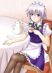 Rule 34 | 1girl, apron, blue dress, blue eyes, blush, bow, braid, carpet, chair, cup, dress, female focus, frilled apron, frilled dress, frills, genjuu rou, hair bow, izayoi sakuya, crossed legs, looking at viewer, maid, maid apron, maid headdress, pantyhose, puffy short sleeves, puffy sleeves, room, saucer, short hair, short sleeves, silver hair, sitting, sleeveless, sleeveless dress, smile, solo, table, tablecloth, tea, teacup, teapot, thigh strap, tile wall, tiles, touhou, twin braids