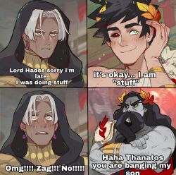 Rule 34 | 3boys, 4koma, atanerrum, black hair, black sclera, blush, colored sclera, comic, commentary, crossed arms, earrings, english commentary, english text, facial hair, father and son, green eyes, hades (series), hades 1, haha jonathan you are banging my daughter (meme), heterochromia, highres, i&#039;m stuff (meme), implied yaoi, jewelry, laurel crown, long mustache, meme, multiple boys, mustache, portrait, red eyes, square 4koma, subtitled, upper body, very long mustache, white hair, yellow eyes