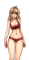 Rule 34 | 1girl, blonde hair, blush, bra, breasts, cowboy shot, fiora (xenoblade), green eyes, lace, lace-trimmed bra, lace-trimmed panties, lace trim, long hair, monorus, nintendo, panties, red bra, red panties, simple background, solo, underwear, underwear only, xenoblade chronicles (series), xenoblade chronicles 1
