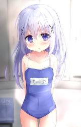 Rule 34 | 1girl, :o, arms behind back, bench, blue eyes, blue hair, blush, breasts, character name, collarbone, commentary request, competition school swimsuit, covered navel, cowboy shot, gochuumon wa usagi desu ka?, hair between eyes, hair ornament, hairclip, highres, indoors, kafuu chino, kouda suzu, light blue hair, locker, locker room, long hair, looking at viewer, name tag, one-piece swimsuit, open mouth, school swimsuit, sidelocks, signature, small breasts, solo, standing, swimsuit, thighs, x hair ornament
