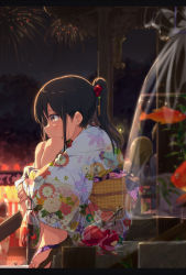 Rule 34 | 1girl, animal, bag, bagged fish, black hair, blurry, blush, brown eyes, bubble, candy apple, depth of field, festival, fireworks, fish, floral print, food, goldfish, hair bobbles, hair ornament, highres, holding, holding bag, hugging own legs, japanese clothes, kimono, knees to chest, knees to chest, knees up, legs together, letterboxed, long sleeves, looking afar, night, night sky, no socks, ogipote, original, outdoors, ponytail, profile, sandals, sash, shrine, sidelocks, sitting, sky, solo focus, stairs, tassel, transparent, water, wide sleeves, yukata, zouri