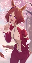 Rule 34 | 1girl, animal ears, arm behind back, blurry, blurry background, blush, breasts, brown hair, cherry blossoms, day, hair ornament, hand up, highres, horse ears, horse girl, horse tail, index finger raised, jacket, long hair, long sleeves, looking at viewer, ningen gokko, open mouth, outdoors, pants, petals, purple eyes, red jacket, red pants, sakura laurel (umamusume), small breasts, smile, solo, standing, symbol-shaped pupils, tail, track jacket, tree, umamusume