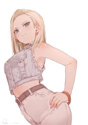 Rule 34 | 1girl, android 18, arched back, armpits, bare shoulders, belt, blonde hair, blue eyes, bracelet, breast pocket, brown belt, brown pants, buttons, closed mouth, cowboy shot, crop top, dragon ball, dragonball z, earrings, from below, grey shirt, hand on own hip, high-waist pants, highres, hoop earrings, jewelry, looking at viewer, medium hair, midriff, pants, pocket, ryota (ry o ta), shirt, signature, simple background, sleeveless, sleeveless shirt, smile, solo, standing, white background