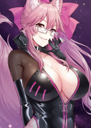 1girl animal_ear_fluff animal_ears black_bodysuit bodysuit breasts fate/grand_order fate_(series) fox_ears fox_girl fox_tail glasses grey-framed_eyewear hair_between_eyes highres koyanskaya_(assassin)_(first_ascension)_(fate) koyanskaya_(fate) large_breasts pink_hair sidelocks solo tail tamamo_(fate) tenneko_yuuri upper_body yellow_eyes