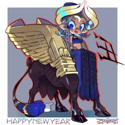 Rule 34 | 1girl, 2021, amiami, blue eyes, border, centauroid, chinese zodiac, female focus, grey hair, halterneck, happy new year, highres, hooves, horns, monster girl, new year, open mouth, original, pointy ears, solo, tail, taur, tiara, white border, year of the ox