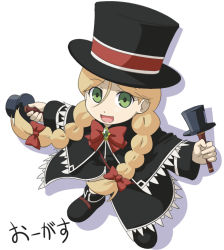 Rule 34 | 00s, 1girl, :d, august (coyote ragtime show), black dress, blonde hair, braid, brooch, capelet, coyote ragtime show, dress, dual wielding, from above, gem, green eyes, hat, holding, jewelry, long hair, looking at viewer, open mouth, smile, solo, standing, top hat, twin braids, very long hair, white background, youkan