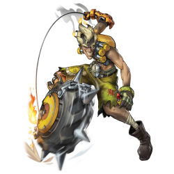 Rule 34 | 1boy, bandaged leg, bandages, belt, blonde hair, boots, chain, dirty, dirty clothes, dirty face, dust, explosive, fiery hair, fire, gauntlets, gloves, grenade, junkrat (overwatch), leather, leather belt, male focus, no shirt, overwatch, pants, short hair, shorts, simple background, solo, spikes, tonysaurus, torn clothes, wheel, white background