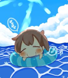 Rule 34 | 10s, 1girl, artist name, blush, brown hair, chibi, closed eyes, cloud, commentary request, day, floating, ina (1813576), innertube, kaga (kancolle), kantai collection, light rays, long hair, musical note, ocean, side ponytail, smile, solo, spoken musical note, sunbeam, sunlight, swim ring, water