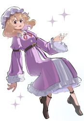 Rule 34 | 1girl, 5alive, :d, absurdres, arm garter, belt, belt buckle, blonde hair, blush, buckle, buttons, collared dress, commentary, dress, frilled dress, frilled sleeves, frills, full body, grey footwear, hat, highres, long sleeves, looking at viewer, maribel hearn, medium hair, mob cap, neck ribbon, open mouth, purple dress, purple eyes, red ribbon, ribbon, shoes, simple background, smile, solo, sparkle, touhou, white background, white hat, wide sleeves