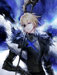 Rule 34 | 1boy, arm at side, armor, artist name, bad id, bad twitter id, black armor, blonde hair, blue cape, blue eyes, cape, danhu, dimitri alexandre blaiddyd, eyepatch, fire emblem, fire emblem: three houses, fur trim, gauntlets, gloves, hair between eyes, hand on own hip, highres, looking at viewer, male focus, nintendo, polearm, simple background, smile, solo, standing, upper body, weapon