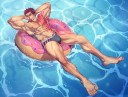 Rule 34 | 1boy, abs, arm tattoo, armpits, bara, bulge, charlotte katakuri, chest tattoo, fangs, food, food on face, ice cream, ice cream on face, large pectorals, lifebuoy, looking at viewer, male focus, male swimwear, manly, mature male, muscular, muscular male, nipples, no pants, one piece, pectorals, pink eyes, pink hair, pubic hair, scar, scar on face, short hair, solo, soynutts, spiked hair, swim ring, swimsuit, tattoo, thick arms, thick eyebrows, thick thighs, thighs, topless male, tusks, water