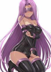 Rule 34 | 1girl, black dress, black footwear, black panties, black sleeves, blindfold, boots, breasts, covered erect nipples, detached sleeves, dress, fate/stay night, fate (series), hakaba (dairiseki), highres, large breasts, long hair, long sleeves, medusa (fate), medusa (rider) (fate), panties, purple hair, shiny skin, short dress, simple background, solo, strapless, strapless dress, thigh boots, thighhighs, underwear, very long hair, white background