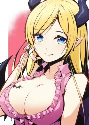 Rule 34 | 1girl, adjusting hair, bare shoulders, blonde hair, blue eyes, breast tattoo, breasts, cleavage, collarbone, collared shirt, demon girl, demon horns, demon wings, frilled shirt, frills, gradient background, heart, heart tattoo, highres, hololive, horns, large breasts, long hair, looking at viewer, mitosupa (qsiqydfz7nesh9w), parted bangs, pink hair, pink shirt, pointy ears, shirt, sleeveless, sleeveless shirt, smile, tattoo, upper body, virtual youtuber, wings, yuzuki choco, yuzuki choco (1st costume)