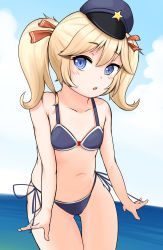 Rule 34 | 1girl, bare arms, bare shoulders, bikini, blonde hair, blue eyes, blue sky, blush, breasts, cloud, collarbone, cowboy shot, day, female focus, girls&#039; frontline, hair between eyes, hair ribbon, hat, highres, looking at viewer, navel, note2000, outdoors, ribbon, side-tie bikini bottom, sky, small breasts, solo, star (symbol), super-shorty (girls&#039; frontline), swimsuit, thigh gap, twintails