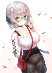Rule 34 | 1girl, :o, absurdres, bag, black-framed eyewear, black choker, black skirt, blue ribbon, blush, braid, breasts, choker, cleavage, collarbone, commentary request, crown braid, glasses, green eyes, hair ribbon, hand up, highres, hololive, large breasts, looking at viewer, off-shoulder shirt, off shoulder, parted lips, petals, plaid, plaid skirt, puffy short sleeves, puffy sleeves, revision, ribbon, segawa luna, shirogane noel, shirogane noel (casual), shirt, short sleeves, shoulder bag, silver hair, skirt, solo, sweater, virtual youtuber, white background, white shirt, white sweater