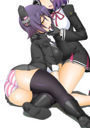 Rule 34 | 10s, 2girls, :d, :o, ass, bare legs, black footwear, black gloves, black legwear, blazer, blush, boots, bow, bowtie, breasts, checkered clothes, checkered necktie, checkered neckwear, dress, eyepatch, female focus, gloves, grey skirt, hand on another&#039;s shoulder, head out of frame, headgear, jacket, kantai collection, knee boots, kneeling, kogaku kazuya, large breasts, legs, long sleeves, looking at viewer, looking to the side, multiple girls, necktie, open mouth, panties, pleated skirt, purple hair, school uniform, shadow, short hair, simple background, sitting, skirt, smile, striped clothes, striped panties, tatsuta (kancolle), tenryuu (kancolle), thighhighs, underwear, white background, yellow eyes, yuri