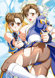Rule 34 | 2girls, alternate costume, ass, boots, bracelet, breasts, brown hair, capcom, china dress, chinese clothes, chun-li, cross-laced footwear, dress, dual persona, god-yokota, gun, jewelry, knee boots, lace-up boots, large breasts, legs, long legs, lowres, multiple girls, nipples, open clothes, pantyhose, pelvic curtain, red eyes, short hair, spiked bracelet, spikes, street fighter, thighs, torn clothes, torn legwear, weapon, yokota mamoru, zoom layer