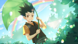 Rule 34 | 1boy, bush, child, commentary, gon freecss, green hair, highres, hunter x hunter, leaf, looking at viewer, male focus, morning, outdoors, paper airplane, rainbow, shine cheese, solo, spiked hair, umbrella, yellow eyes