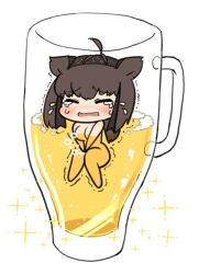 Rule 34 | 1girl, alcohol, animal ears, beer, beer mug, blush, breasts, brown hair, bubble, cat ears, cat girl, chibi, covering privates, covering crotch, cup, closed eyes, headband, kantai collection, large breasts, mug, nude, open mouth, partially submerged, peeing, peeing in cup, short hair, simoyake, sparkle, tears, teruzuki (kancolle), trembling