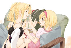 Rule 34 | 10s, 2girls, ^ ^, bare shoulders, black skirt, blonde hair, blush, braid, brown eyes, camisole, closed eyes, collarbone, couch, cushion, djeeta (granblue fantasy), eating, closed eyes, feeding, food, granblue fantasy, hairband, hatamichi mihiro, jacket, unworn jacket, long hair, looking at another, multiple girls, open mouth, ponytail, short sleeves, sidelocks, simple background, sitting, skirt, thighhighs, white background, white legwear, yuri, zeta (granblue fantasy)