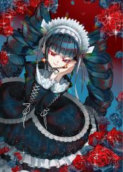 Rule 34 | 1girl, black nails, celestia ludenberg, claw ring, commentary request, danganronpa: trigger happy havoc, danganronpa (series), dress, drill hair, earrings, flower, frills, gothic lolita, hand on own cheek, hand on own face, highres, jewelry, lace, lace-trimmed dress, lace trim, layered dress, lolita fashion, long hair, long sleeves, looking at viewer, nail polish, red background, red eyes, red flower, red rose, rose, smile, solo, sparkle, twin drills, twintails, wet, yomu (dangan yomu)